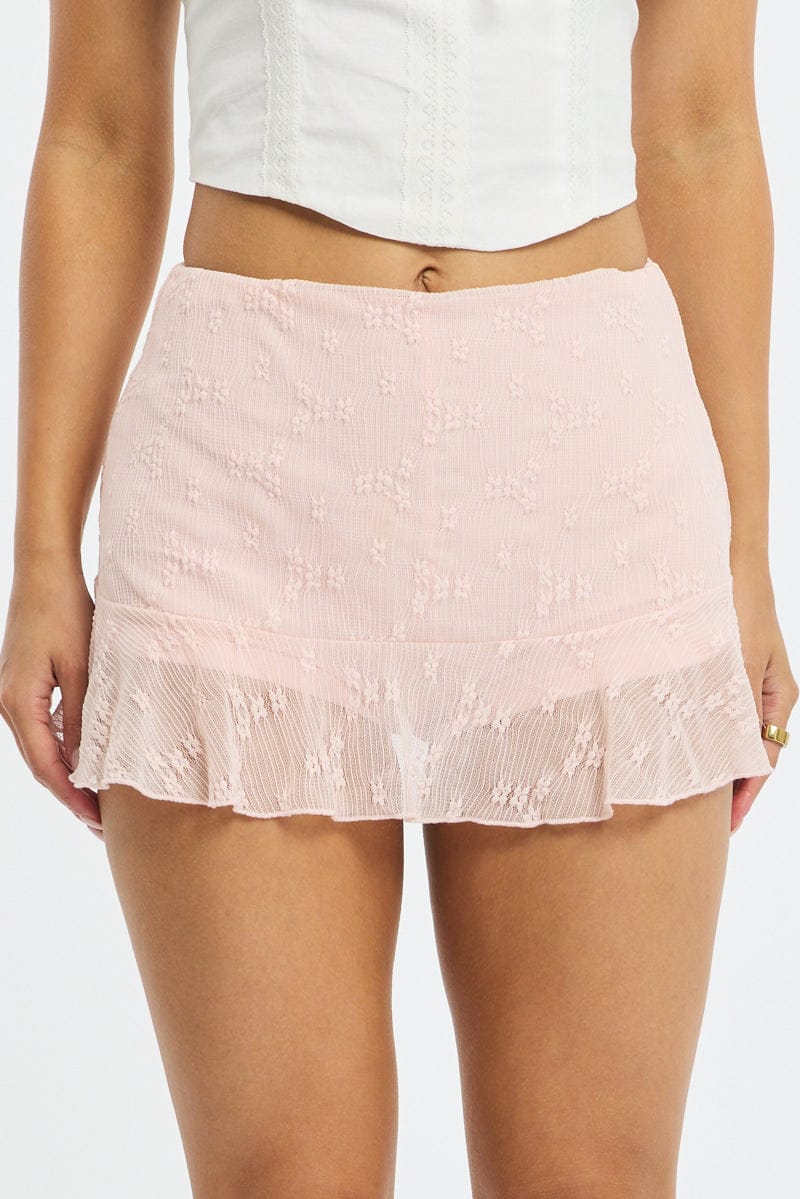 Pink Flare Skort Skirt Mid Rise Lace Textured