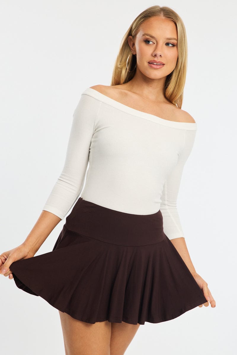 Brown Mini Skort Skirt Elasticated Waist Shorts Lined