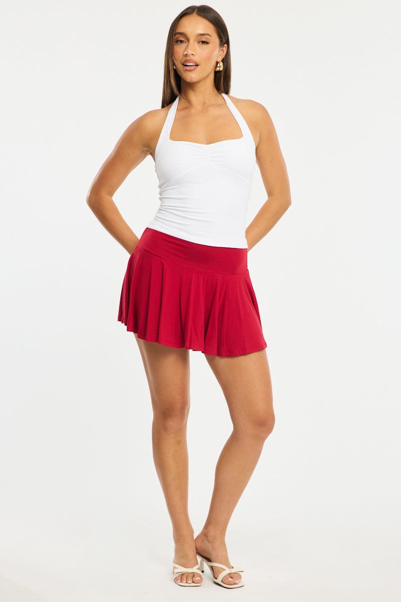 Red Mini Skort Skirt Elasticated Waist Shorts Lined