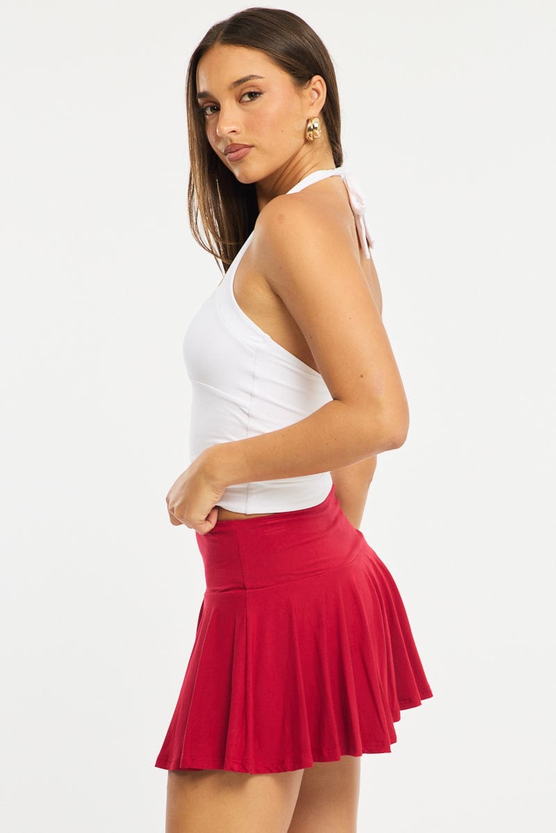 Red Mini Skort Skirt Elasticated Waist Shorts Lined
