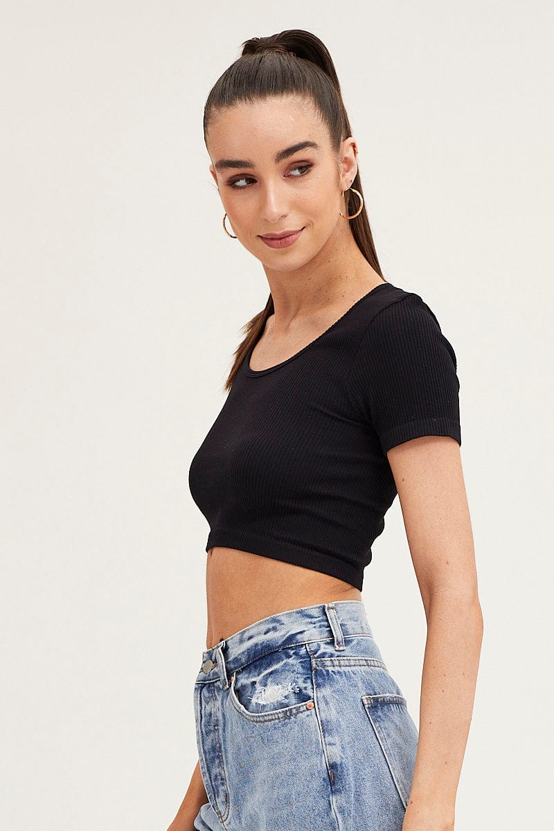 Black T-Shirt Short Sleeve Round Neck Seamless