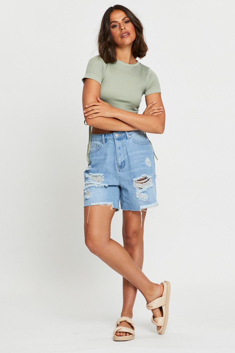 Green T Shirt Short Sleeve Crop Crew Neck