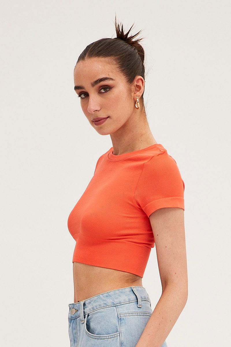 Orange T-Shirt Short Sleeve Crew Neck Seamless