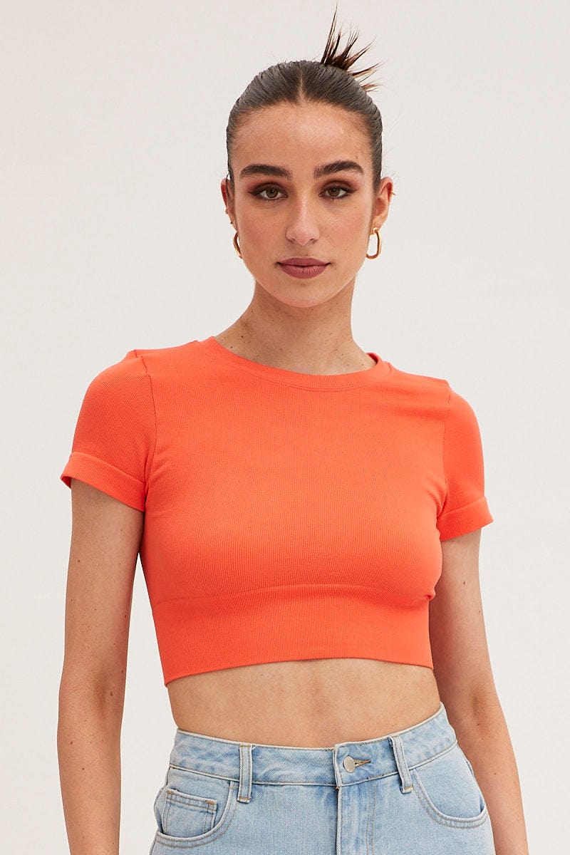 Orange T-Shirt Short Sleeve Crew Neck Seamless