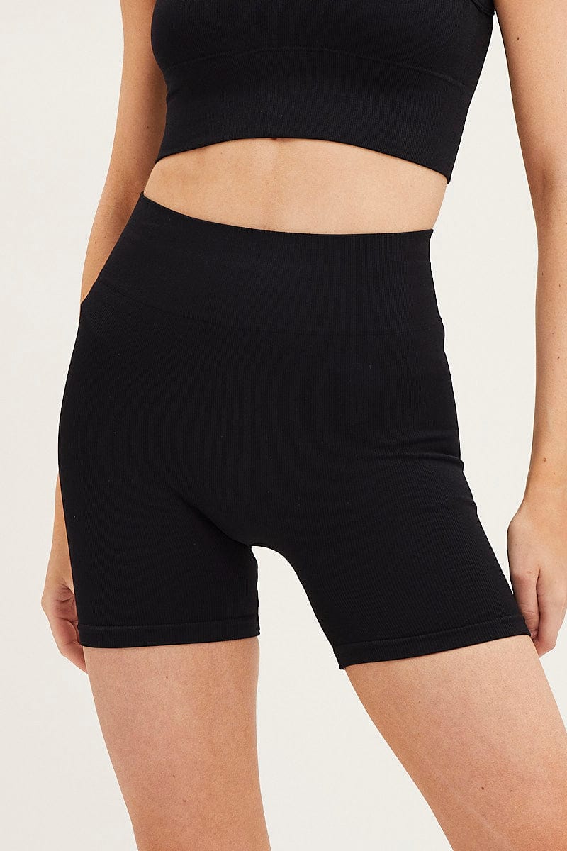 Black High Neck Rib Bind Seamless Tank
