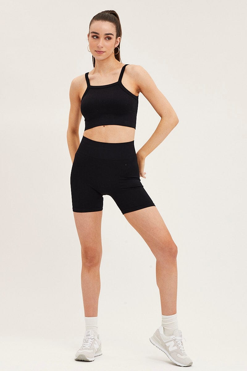 Black High Neck Rib Bind Seamless Tank