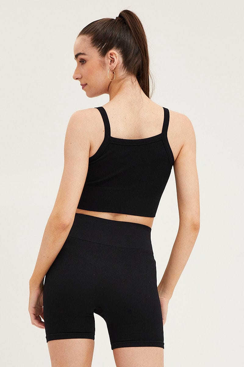 Black High Neck Rib Bind Seamless Tank