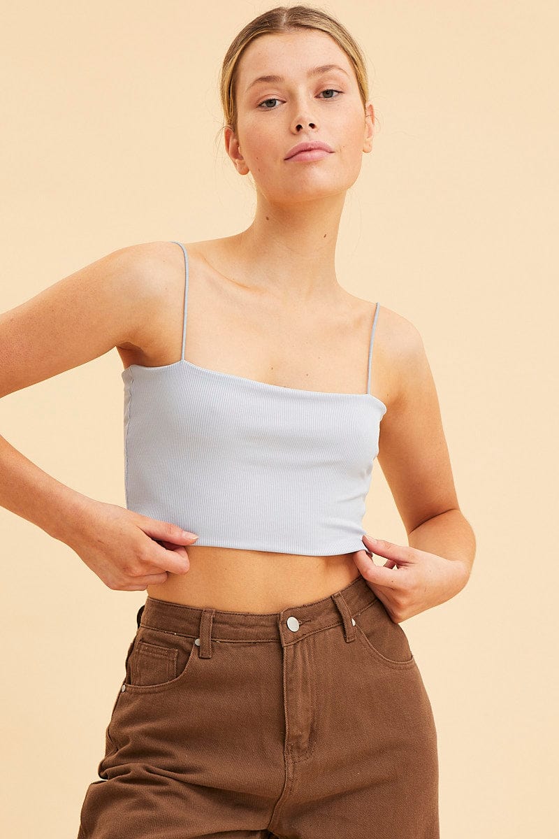 Blue Bandeau Tank Top Rib Top