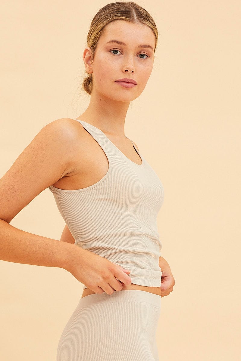 Beige Bone Seamless Tank Full Length Sleeveless Soop