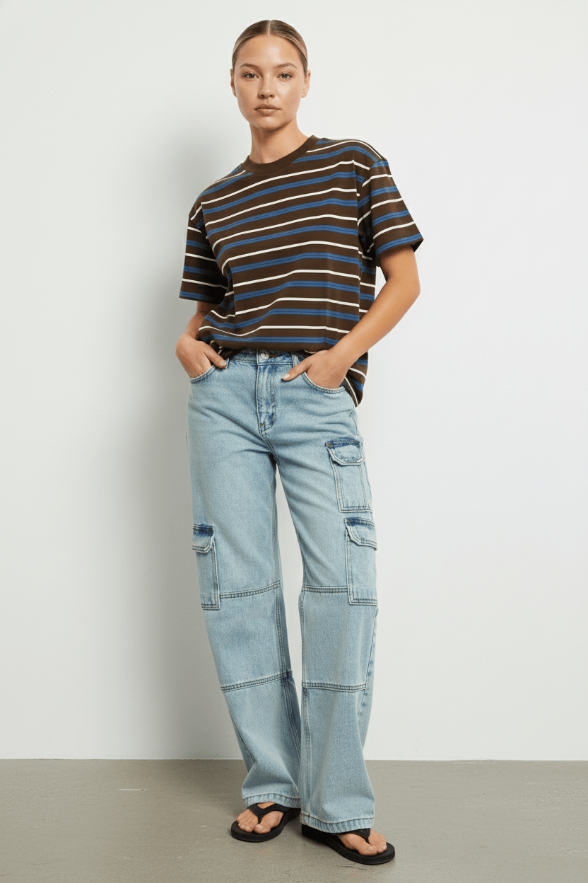 Brown Stripe Short Sleeve Oversized Stripe Tshirt