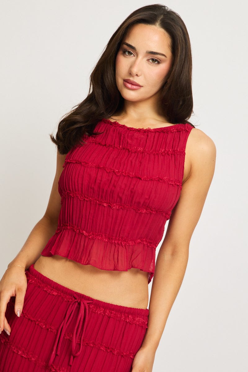Red Shirred Tank Top Boat Neck Longline