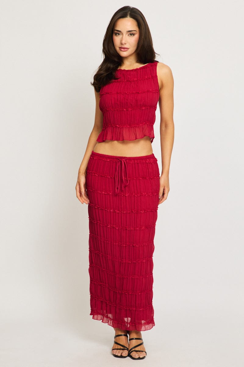 Red Shirred Tank Top Boat Neck Longline