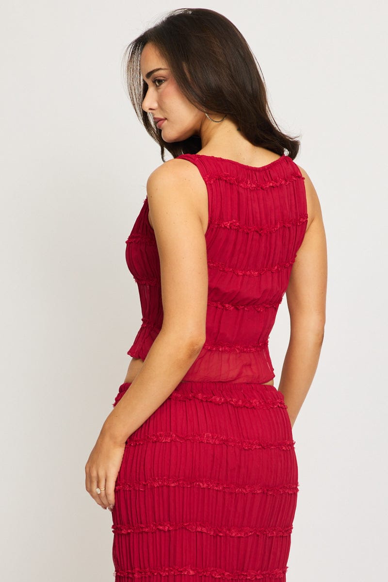 Red Shirred Tank Top Boat Neck Longline