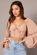 Brown Gathered Bust Top Balloon Sleeve Backless Blouse