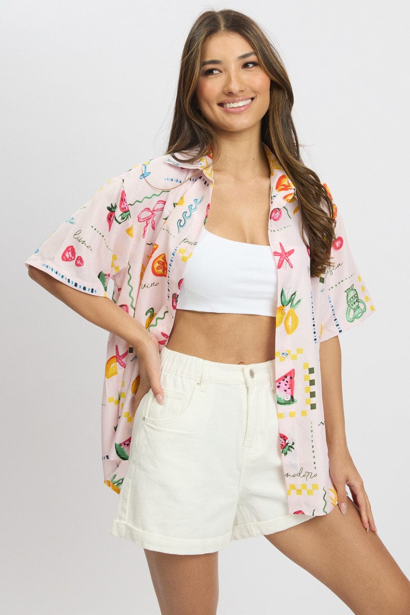 Pink Abstract Relaxed Shirt Short Sleeve