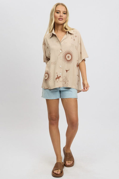 Beige Abstract Relaxed Shirt Short Sleeve
