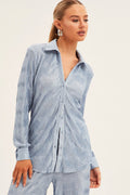 Blue Plisse Shirt Long Sleeve Collared Longline
